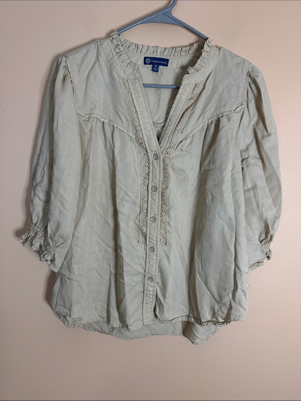 Democracy Light Cream Lace-Trim Button Down Blouse